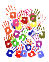 Multi-coloured painted hand prints
