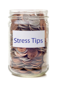 Coin filled jam jar with stress tips label
