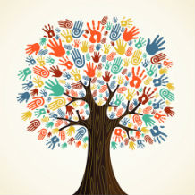 Tree with different coloured hands for leaves depicting diversity
