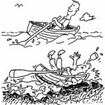 Cartoon of man rowing in boat and underneath him crashing the boat