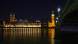The Palace of Westminster at night taken from across the Thames