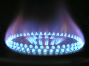 Close up photo of a gas hob burning blue
