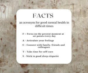 Textured rug background with FACTS acronym giving 5 actions for good mental health