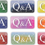 Nine different colour boxes on a grey and white grid background, each box states Q&A with question marks in the background