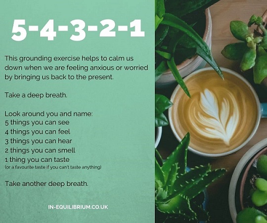 Instructions for the 5-4-3-2-1 grounding exercise with a photo of a cup of coffee surrounded by house plants