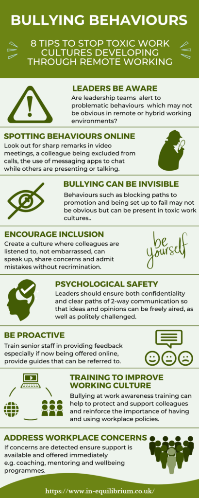 An infographic listing 8 tips to stop toxic work culture developing through remote working